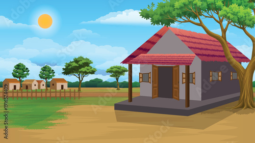 Serene rural landscape with traditional house under sunny blue sky