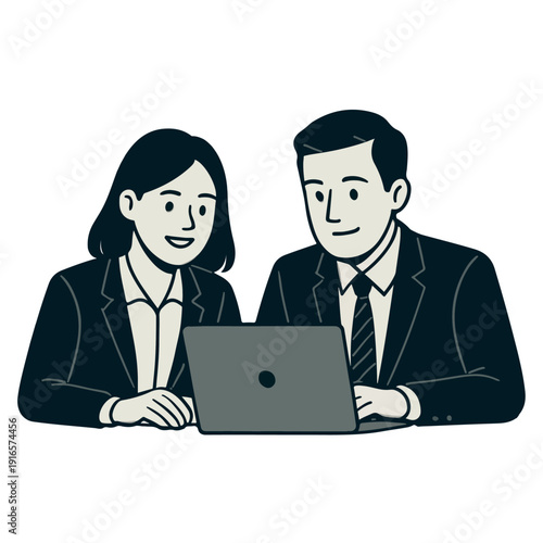 Business Couple Working on Laptop Together Flat Vector