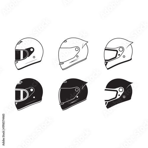 Six monochrome helmet designs a graphic illustration of protective headwear