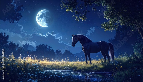 A lone horse stands peacefully under a glowing full moon in a serene, night forest scene (1)