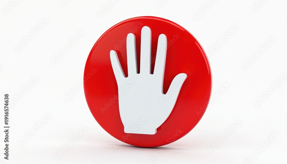 Fototapeta premium Red circle with white hand symbol indicates stop or prohibition. Isolated 3D graphic means no entry or ban. Use for alerts, warnings, or access control concepts.