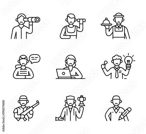 Vector set of nine people engaged in different professions and activities