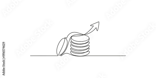 Continuous line drawing of a stack of coins with an arrow pointing upwards representing financial growth.
