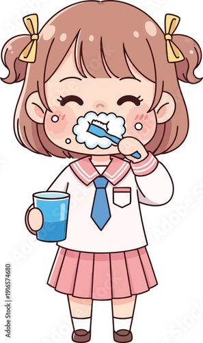 Cute anime girl in school uniform brushing teeth with a cup of water.