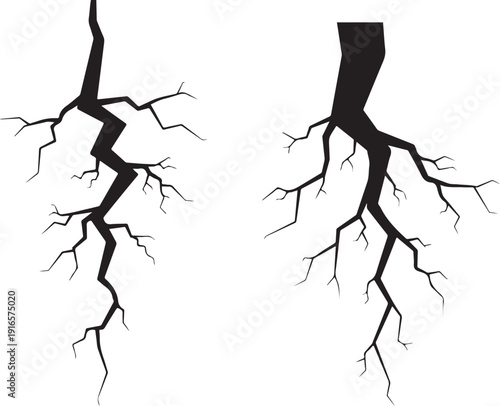 Black cracked earth surface with dramatic fissure lines branching out representing destruction and geological fault with transparent background