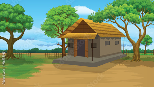 Cozy rural hut with thatched roof surrounded by trees