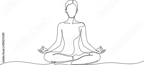 Minimalist line drawing meditation pose, yoga lotus position, mindfulness, inner peace, wellness, continuous line art, calm design, flat vector illustration