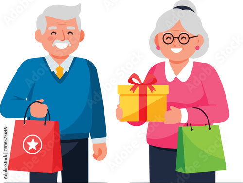 Happy senior couple shopping together with gifts on Boomer Bonus Day