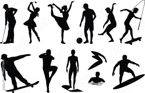 Sports silhouette illustration, golf, dance, soccer, skateboarding, surfing, swimming, yoga, fitness activities, athletic movement, recreation, physical exercise, lifestyle
