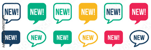 New label with speech bubble, set of vector illustrations, including new tags, special offer icons, new arrival stickers, promotional design elements
