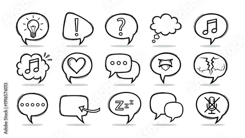 Speech Bubbles & Thought Icons: A collection of various hand-drawn speech bubbles and thought icons, each containing unique symbols representing different ideas and emotions.