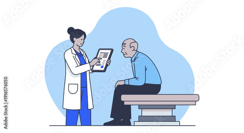 Doctor Consulting Elderly Patient Using Digital Tablet in Clinical Setting Illustration
