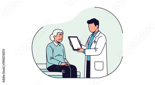 Doctor Consulting Senior Woman with Digital Tablet in Medical Office, Health Care Assessment and Patient Interaction Illustration