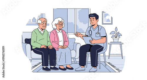 Elderly Couple Consulting with Friendly Doctor in Modern Living Room Setting for Healthcare and Medical Support Concept
