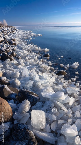 A frozen shoreline with ice formations and a distant horizon under a clear sky