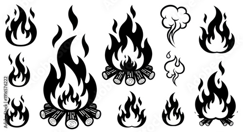 Set of stylized black and white fire and smoke icons
