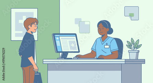 Medical Receptionist Assisting Male Patient at Hospital Front Desk with Computer and Plant Decoration in Modern Healthcare Facility