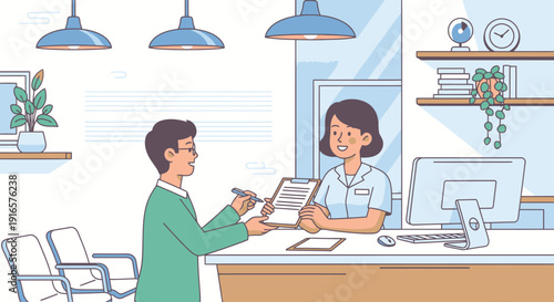 Patient Consulting Nurse at Clinic Reception Desk Assisting Male Visitor in Modern Medical Office Environment with Friendly Customer Service