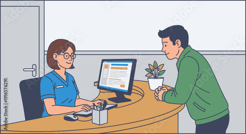 Receptionist Assisting Visitor at Desk with Computer Display and Potted Plant Interaction in Modern Office Setting