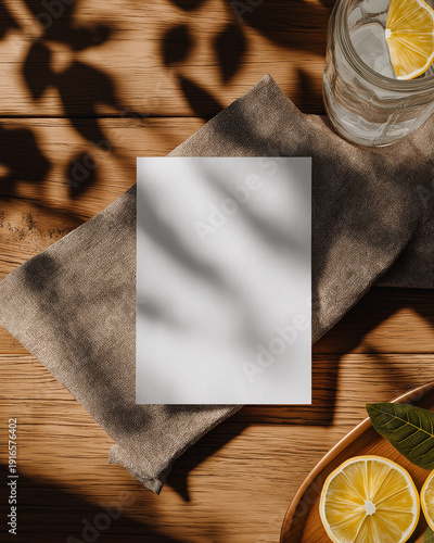 Blank vertical paper card mockup on wood with summer sunlight shadows and lemon