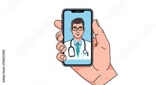 Telemedicine Concept Illustration Featuring Hand Holding Smartphone with Male Doctor on Screen in White Coat and Stethoscope