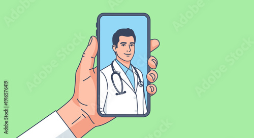 Telemedicine Concept Showing Hand Holding Smartphone with Male Doctor on Screen Illustration for Virtual Healthcare and Online Medical Consultation