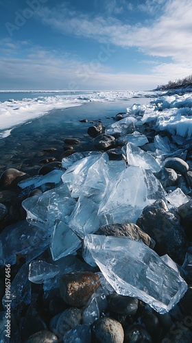 Frozen waves and ice formations along a rocky shoreline in a winter landscape