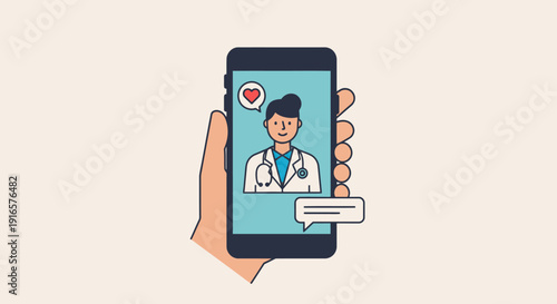 Telemedicine Consultation Illustration Showing Doctor on Smartphone Screen with Chat Notification and Heart Icon for Healthcare Communication