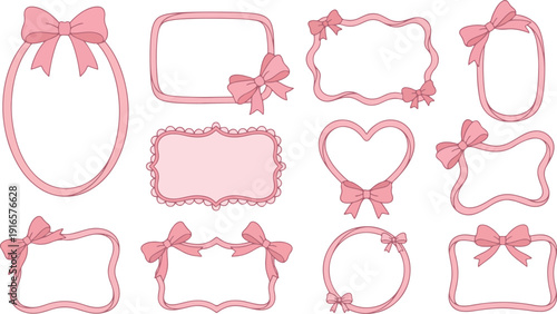 Vintage pink ribbon frames with bows set. Wavy whimsical heart, oval, circle, rectangle, romantic valentine frames, coquette vector design