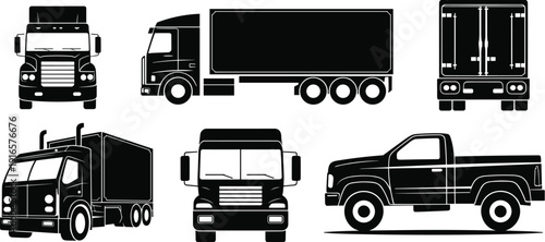 Collection of black truck silhouettes semi trailer icons set isolated on white background cad drawing flat vector illustration for logistics transport design