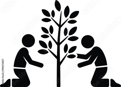 Tree planting teamwork concept, people caring for nature, environmental sustainability symbol, black silhouette vector illustration isolated background design