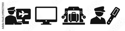 Airport security icons: control tower, screening, baggage scanning, metal detection