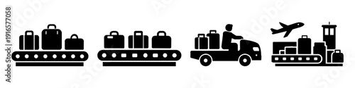 Airport baggage handling icons: conveyor belts and transport vehicle