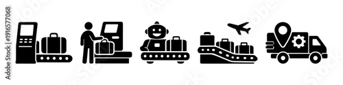 Luggage handling icons: automation, robotics, travel, conveyor, transportation
