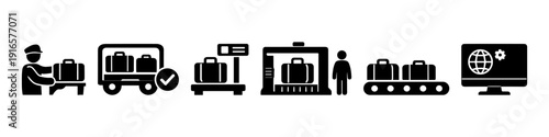 Airport baggage handling process icon set with security and conveyor elements