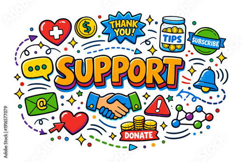 Colorful support and donation concept with icons and symbols