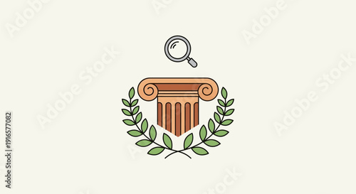 Illustration of Greek Column with Laurel Wreath and Magnifying Glass.