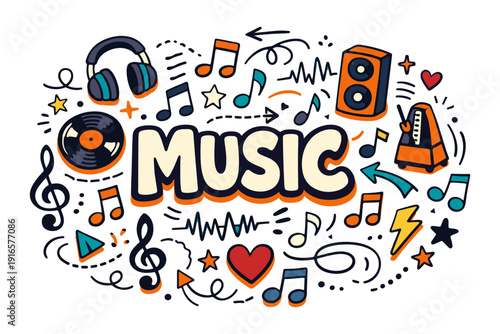 Vibrant music doodles with headphones, notes, and musical elements