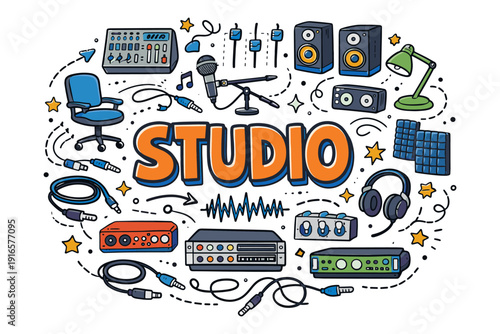 Colorful music studio equipment doodle with instruments and accessories