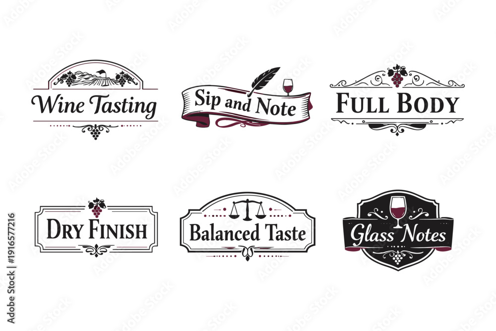 Fototapeta premium Elegant wine tasting labels with descriptive text and decorative elements