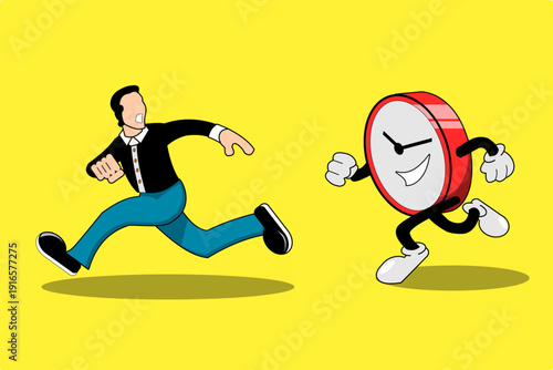 vector illustration of a man running and being chased by time
