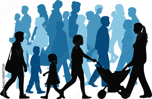Urban crowd walking silhouette, diverse people lifestyle, parents with stroller, children, city movement, modern society, daily life, togetherness