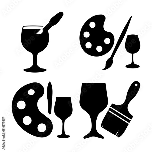 Creative wine and painting icons: a collection of silhouettes for art and leisure activities