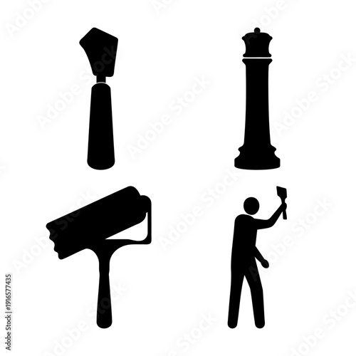 Silhouette icons representing various tools, a painter, and a classic chess game piece.