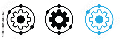 System Management Icon Set: Vector collection of gear settings symbols in line, solid, and color styles isolated on white.