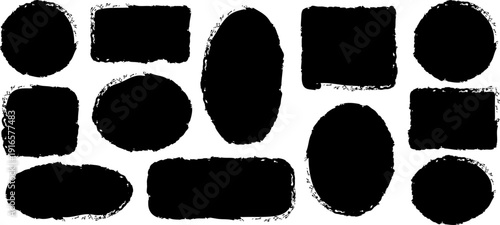 Brush frame rough rectangle box shape set. Text box frame rough grunge square, oval paint shape element. Hand drawn texture grunge brush rectangle, circle round text border. Vector illustration.