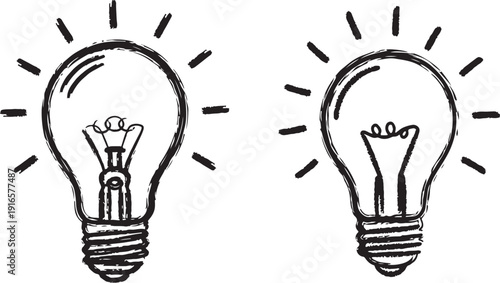 Light bulb sketches showing creative ideas through hand drawn incandescent lamps with glowing rays on transparent background for innovation projects