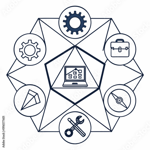 A diagram showing various tools and a laptop