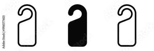 Door Hanger Icon Set: Vector collection of hotel door knob tags in line, solid, and silhouette styles isolated on white.