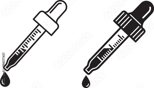 Medical pipette icons representing liquid dosage and laboratory experiments with dropper tools and fluid droplets isolated on transparent background